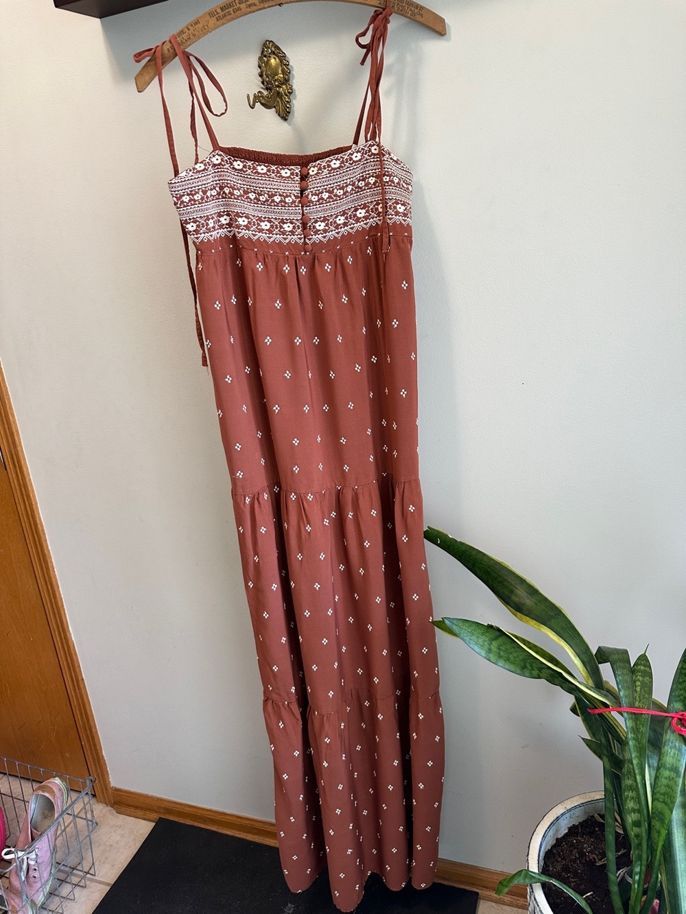 Rust Brown Maxi Dress with White Embroidered Yoke Tiered skirt